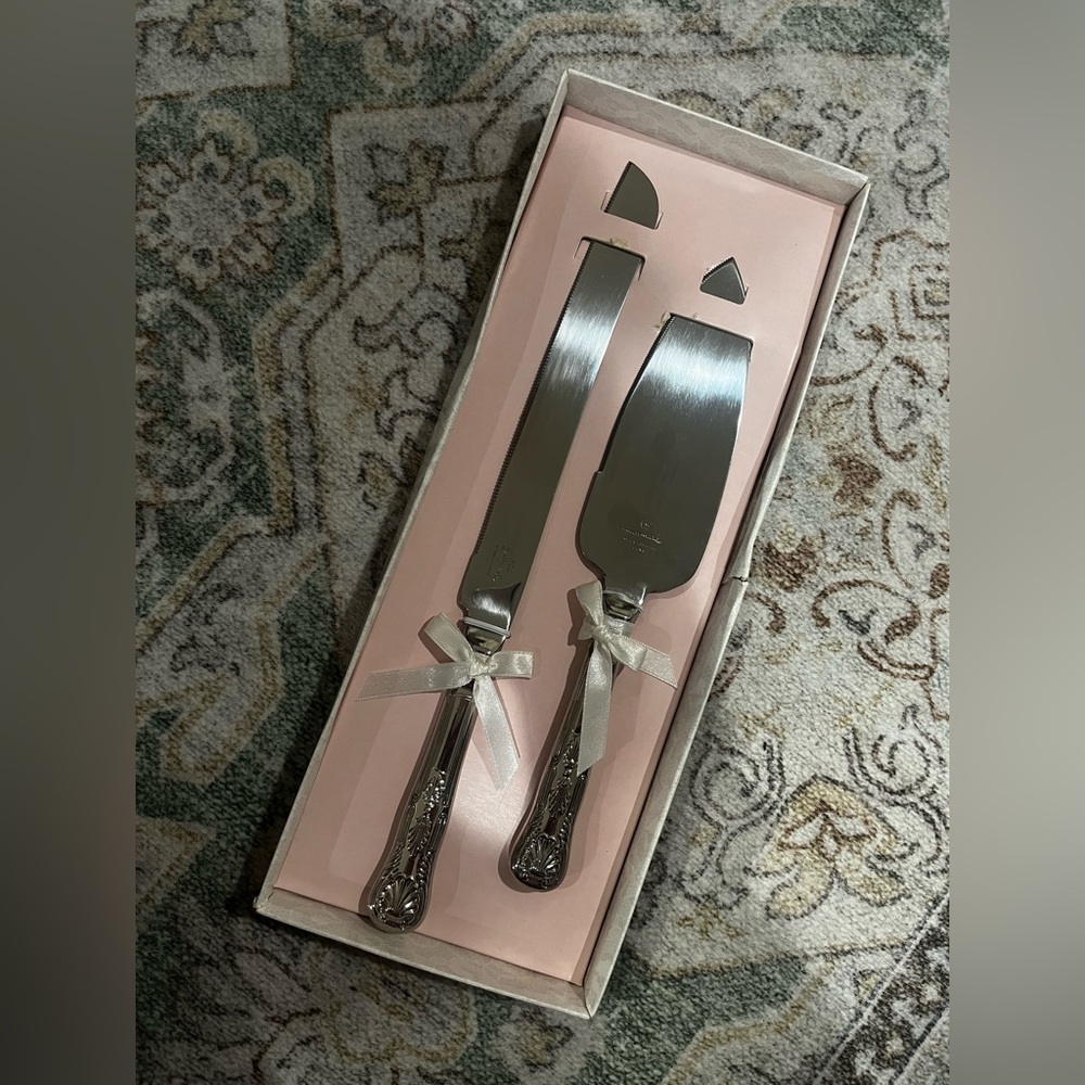 Hallmark Silver Cake Knife and Server with Ribbon Detail